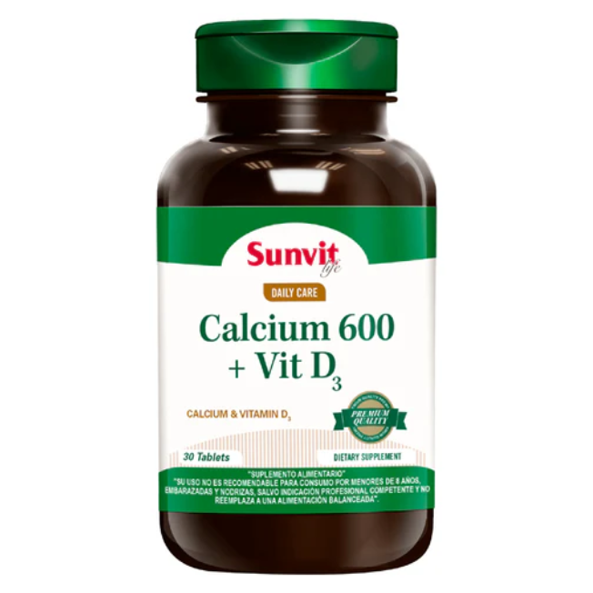 Caja de Calcio 600 mg con Vitamina D3 de Sunvit Life, 30 tabletas.