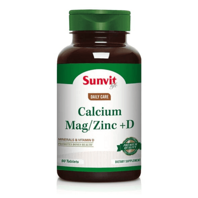 Frasco de Calcio, Magnesio, Zinc y Vitamina D3 de Sunvit Life con cápsulas.
