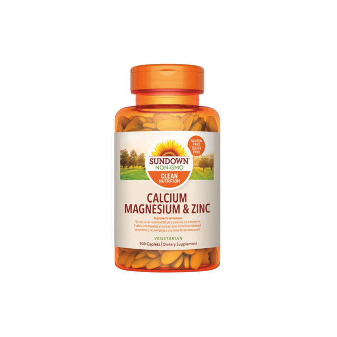 Tabletas de Calcio, Magnesio y Zinc de Sundown Naturals, suplemento de vitaminas y salud en envase con 100 tabletas.