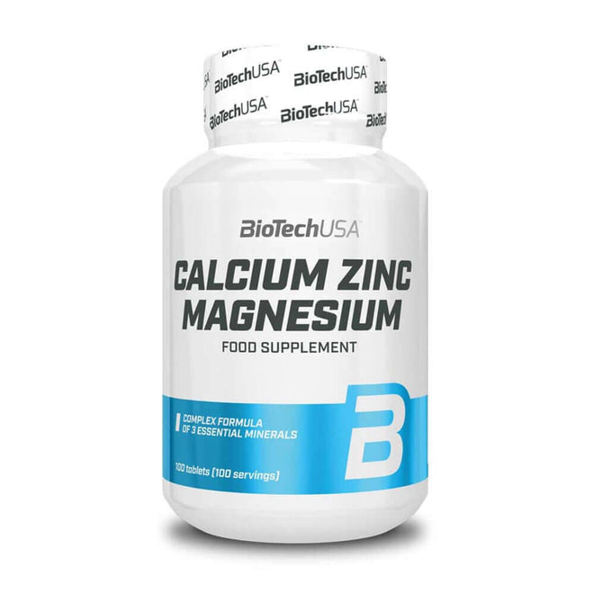 Envase de Calcio, Zinc y Magnesio de BiotechUSA con 100 tabletas.