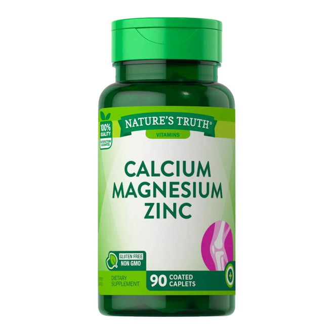 Suplemento de 90 cápsulas de calcio, magnesio y zinc de Nature's Truth, con frascos transparentes y cápsulas blancas en la imagen.