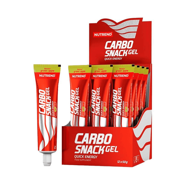 Caja de 12 tubos de Carbosnack de Nutrend, snacks de endurance para energía rápida y recuperación durante el ejercicio.