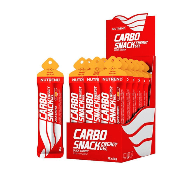 Paquete de 18 unidades de Carbosnack de Nutrend, snacks de endurance en sobres para energía rápida y recuperación.