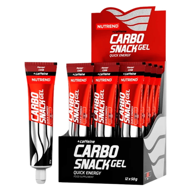 Tubo de 12 snacks Carbosnack con cafeína de la marca Nutrend, ideal para energía y endurance durante actividades deportivas.