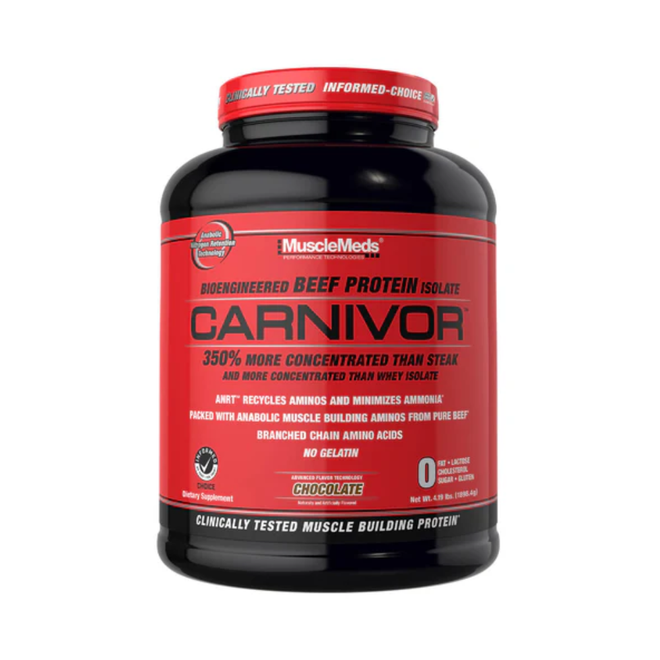 Proteína de carne Carnivor de MuscleMeds en envase de 4 lb, suplemento de proteínas de alta calidad para entrenamiento.