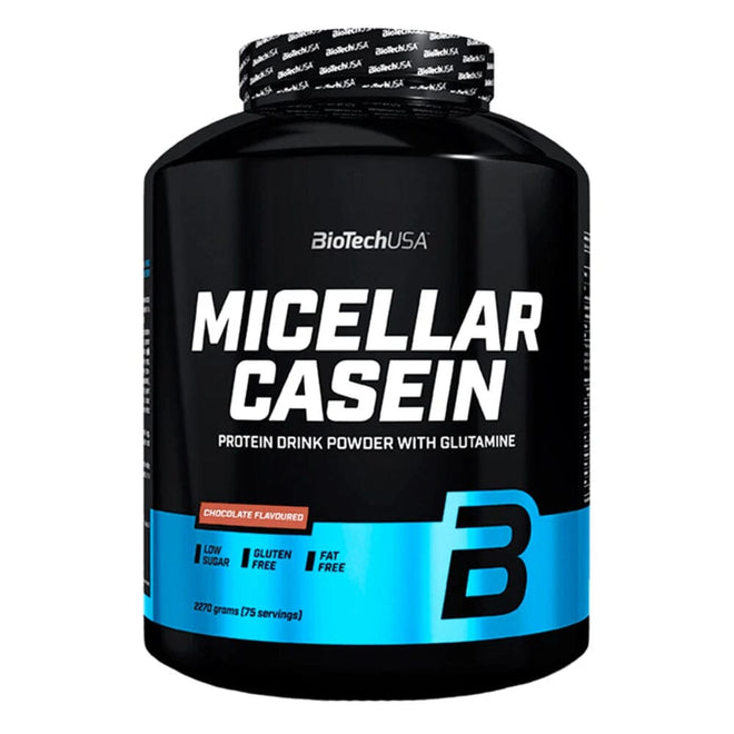 Proteínas Caseina Micellar BiotechUSA de 5 lbs en sabor chocolate, polvo para suplementación deportiva y recuperación muscular.