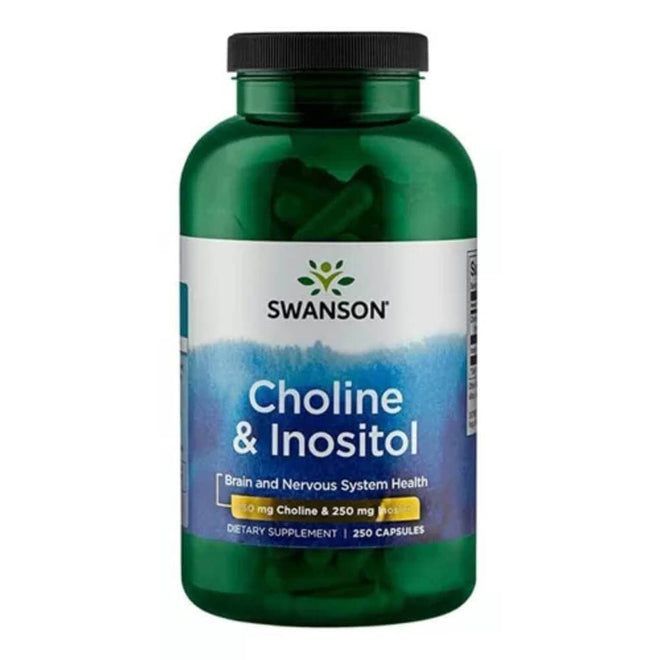 Suplemento de vitamina Choline e Inositol 250 mg en cápsulas de Swanson, vitaminas y salud, en frascos de 250 cápsulas.
