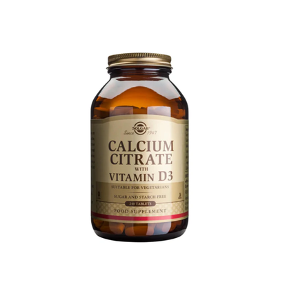 Citrato de calcio y vitamina D3 Solgar en 240 tabletas, suplemento vitamínico para la salud ósea y el sistema inmunológico.