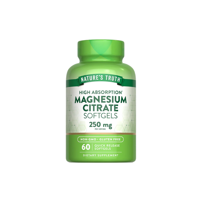 Cápsulas blandas de citrato de magnesio de 250 mg de Nature's Truth, en envase con 60 cápsulas para vitaminas y salud.