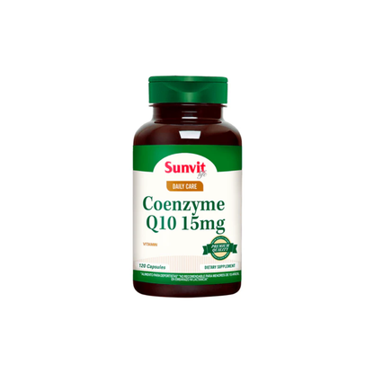 Cápsulas de Coenzima Q10 15 mg Sunvit Life, envase con 120 cápsulas, suplemento de vitaminas y salud.