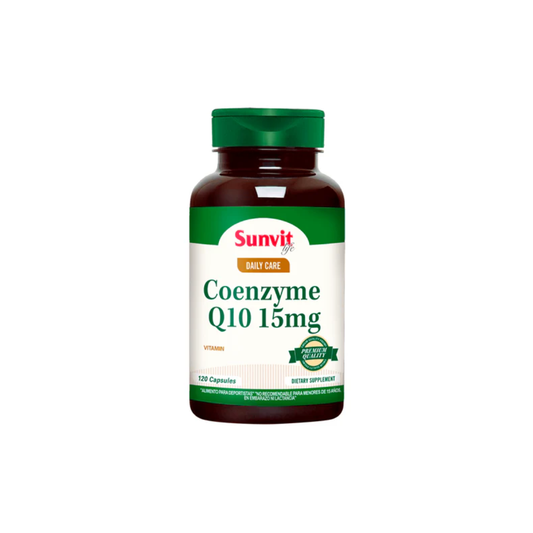 Cápsulas de Coenzima Q10 15 mg Sunvit Life, envase con 120 cápsulas, suplemento de vitaminas y salud.