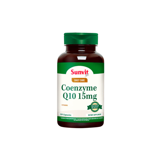 Cápsulas de Coenzima Q10 15 mg Sunvit Life, envase con 120 cápsulas, suplemento de vitaminas y salud.