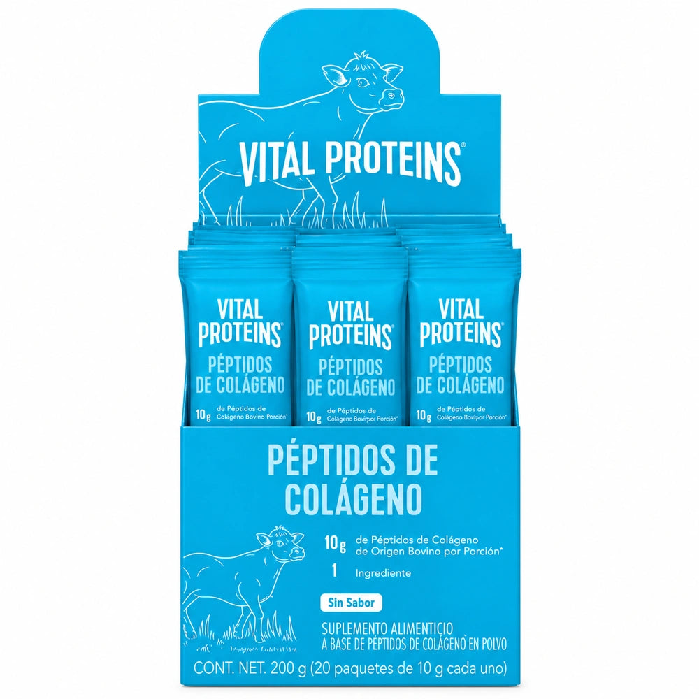 aja de Collagen Peptides Vital Proteins con 20 sachets de colágeno sin sabor de 10 g cada uno
