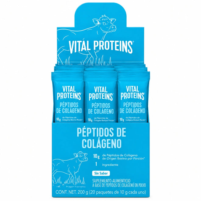 aja de Collagen Peptides Vital Proteins con 20 sachets de colágeno sin sabor de 10 g cada uno
