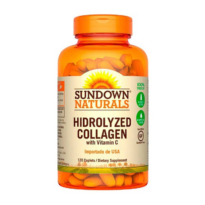 Cápsulas de colágeno hidrolizado con vitamina C de Sundown Naturals, suplemento en envase de 120 cápsulas para salud y belleza.