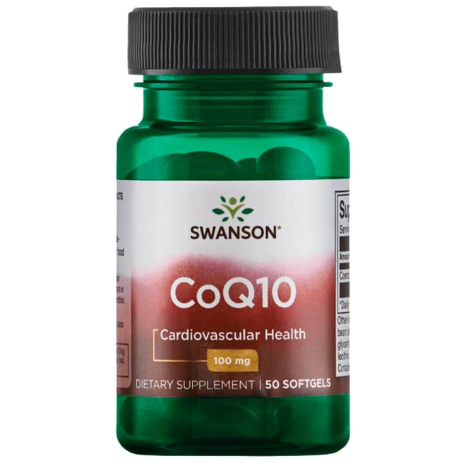 Suplemento de CoQ10 100 mg en 50 softgels de la marca Swanson, vitaminas y salud, muestra las softgels en la imagen.