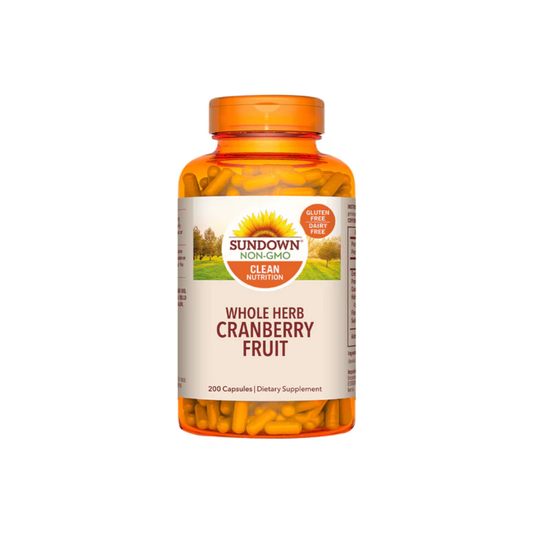Cápsulas de 200 de arándano de Sundown Naturals, suplemento de vitaminas y salud, en frasco con cápsulas rojas y blancas.