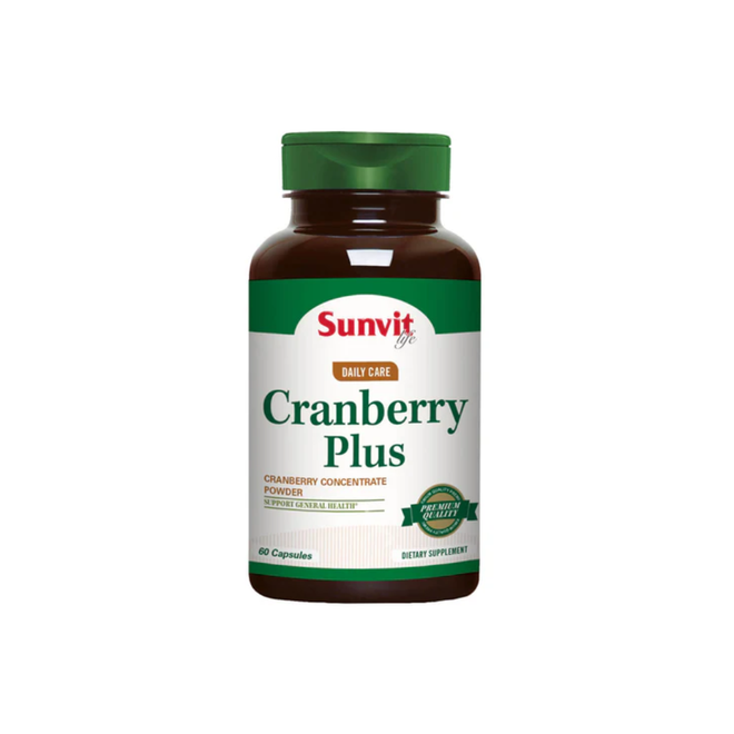 Cápsulas de Cranberry Plus Sunvit Life, suplemento de vitaminas y salud en envase con 60 cápsulas.
