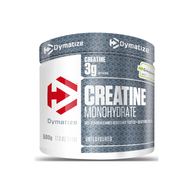 Creatina Creapure Dymatize de 500 g en envase, polvo blanco para mejorar el rendimiento deportivo y la fuerza muscular.