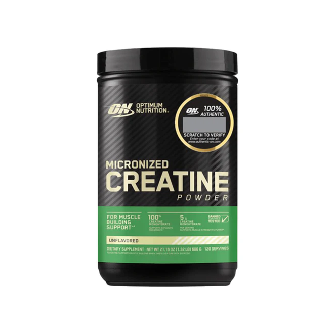 Creatina micronizada de 600 g de Optimum Nutrition, polvo blanco para potenciar el rendimiento deportivo.
