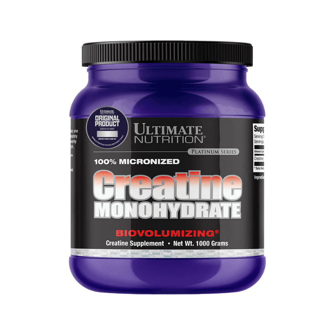 Creatina monohidrata de 1 kilo de la marca Ultimate Nutrition, polvo blanco para mejorar el rendimiento deportivo.
