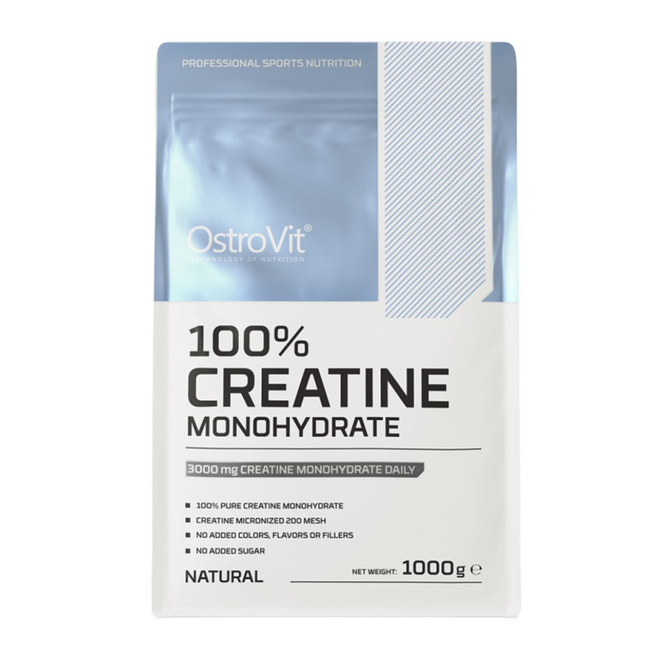 Creatina monohidratada OstroVit de 1000g, polvo blanco para mejorar el rendimiento deportivo y la fuerza muscular.