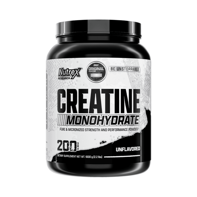 Creatina monohidratada Nutrex en envase de 1 kilo, polvo blanco para mejorar el rendimiento deportivo.