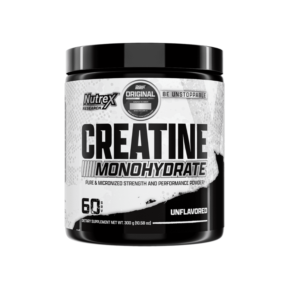 Creatina monohidratada Nutrex en envase de 300 g, polvo blanco para mejorar el rendimiento deportivo.