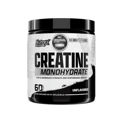 Creatina monohidratada Nutrex en envase de 300 g, polvo blanco para mejorar el rendimiento deportivo.