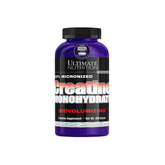Creatina monohidratada de 300 g de Ultimate Nutrition, polvo blanco en envase para mejorar el rendimiento deportivo.