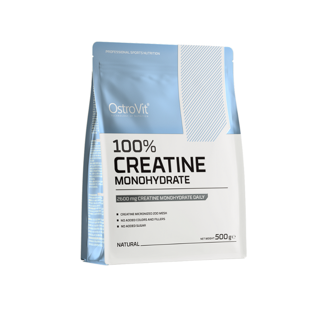 Creatina monohidratada Ostrovit en envase de 500 g, polvo blanco para mejorar el rendimiento deportivo.