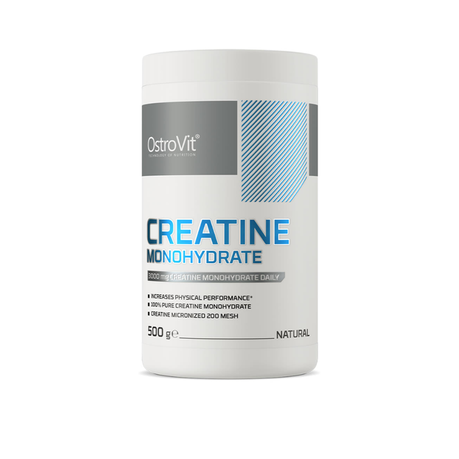 Creatina monohidratada Ostrovit en envase de 500 g, polvo blanco para mejorar el rendimiento deportivo.