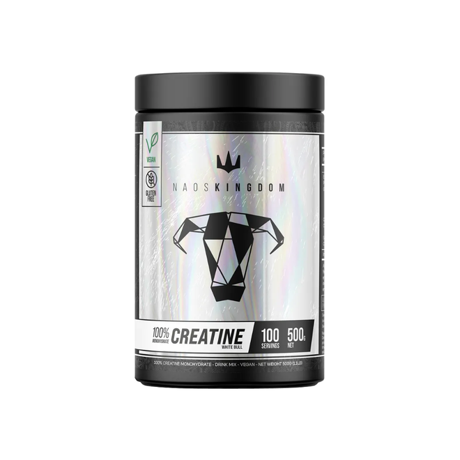 Envase de White Bull Creatina 500 g Naos Kingdom, creatina monohidratada sin sabor.