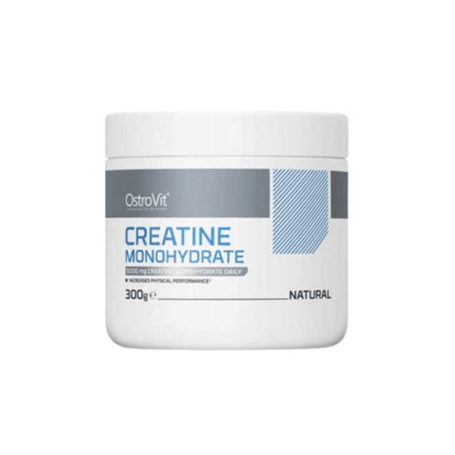 Creatina Monohidratada OstroVit 300g sin sabor, en envase con polvo blanco, ideal para suplementación deportiva.