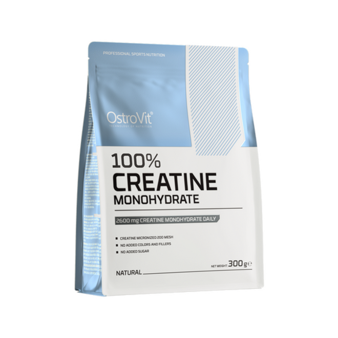 Creatina Monohidratada sin sabor de 300g de la marca Ostrovit, polvo blanco para potenciar el rendimiento deportivo.
