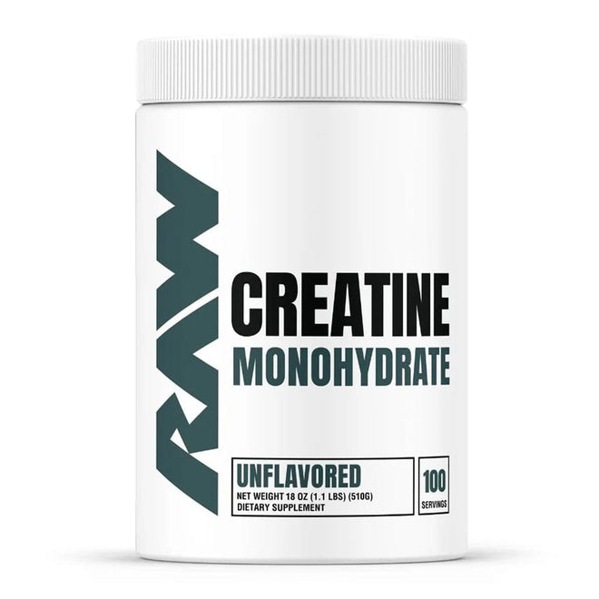 Creatina RAW Cbum de RAW Nutrition, frasco de 500 g con 100 servicios, polvo blanco para mejorar rendimiento deportivo.