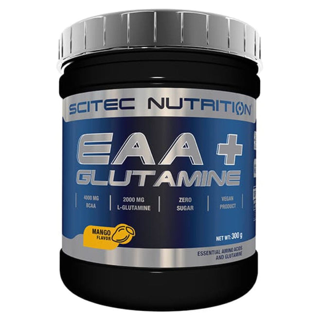 Aminoácidos EAA y Glutamina de 300 g de Scitec Nutrition en sabor mango, envase con polvo en frasco transparente.
