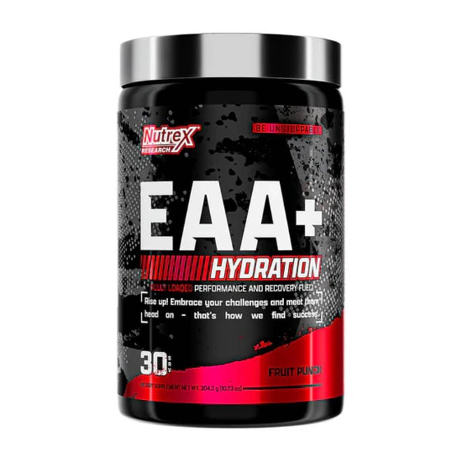 Aminoácidos EAA + Hidratación Nutrex en polvo sabor Fruit Punch, envase de 30 servicios, preparado para mezclar y consumir.