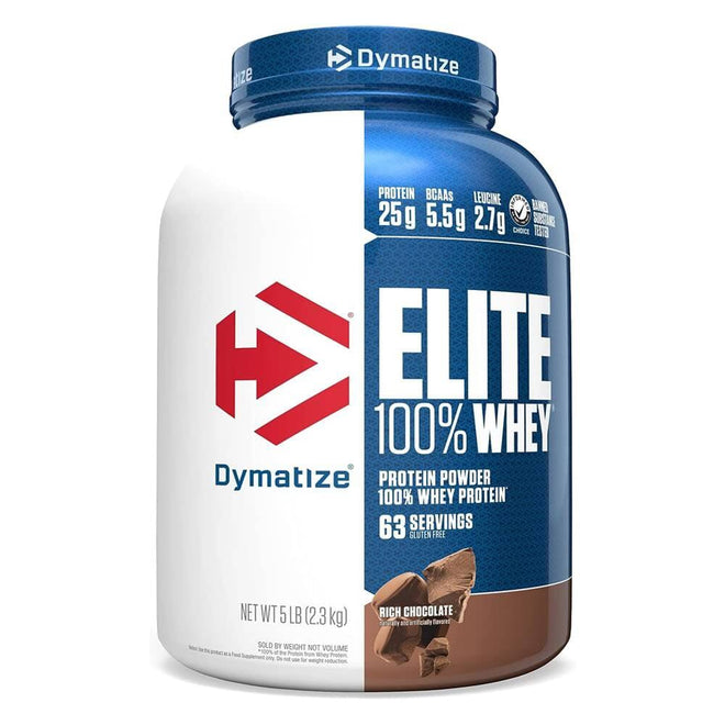 Proteínas Elite 100% Whey de Dymatize, envase de 5 lbs con polvo de proteína en un recipiente blanco con etiqueta.