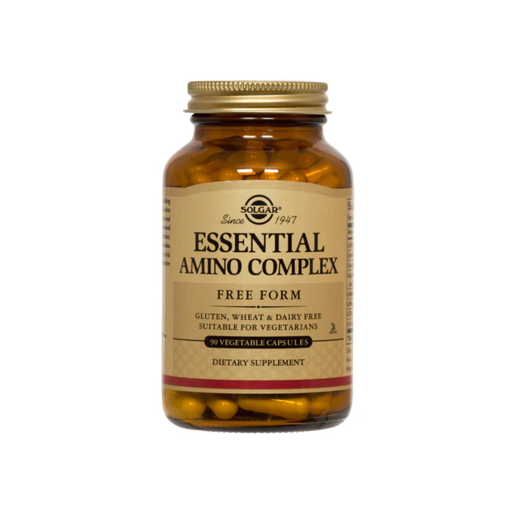 Complemento de aminoácidos Solgar Essential Amino Complex en 90 cápsulas, con aminoácidos esenciales para la salud y energía.