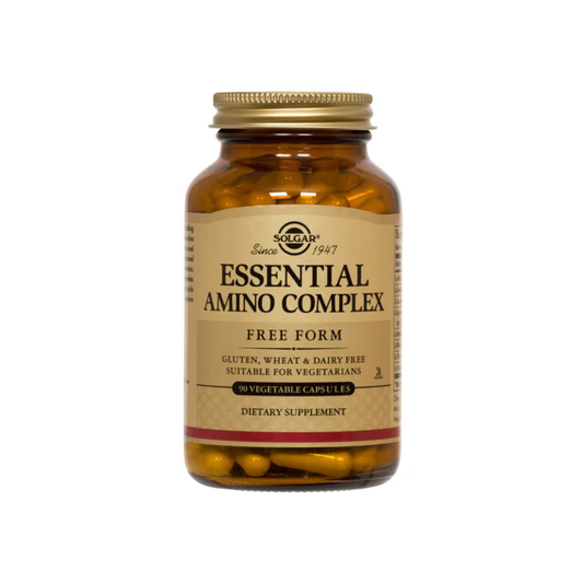 Complemento de aminoácidos Solgar Essential Amino Complex en 90 cápsulas, con aminoácidos esenciales para la salud y energía.