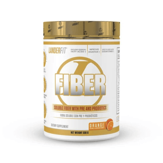 Envase de 330 g de fibra con probióticos y prebióticos de Landerfit en polvo.