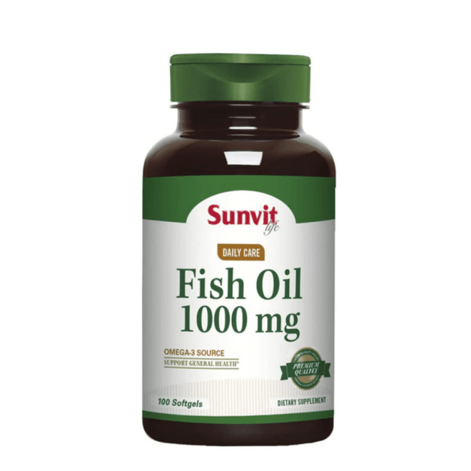 Aceite de pescado Sunvit Life 1000mg en 100 softgels, suplemento de vitaminas y salud con cápsulas suaves.
