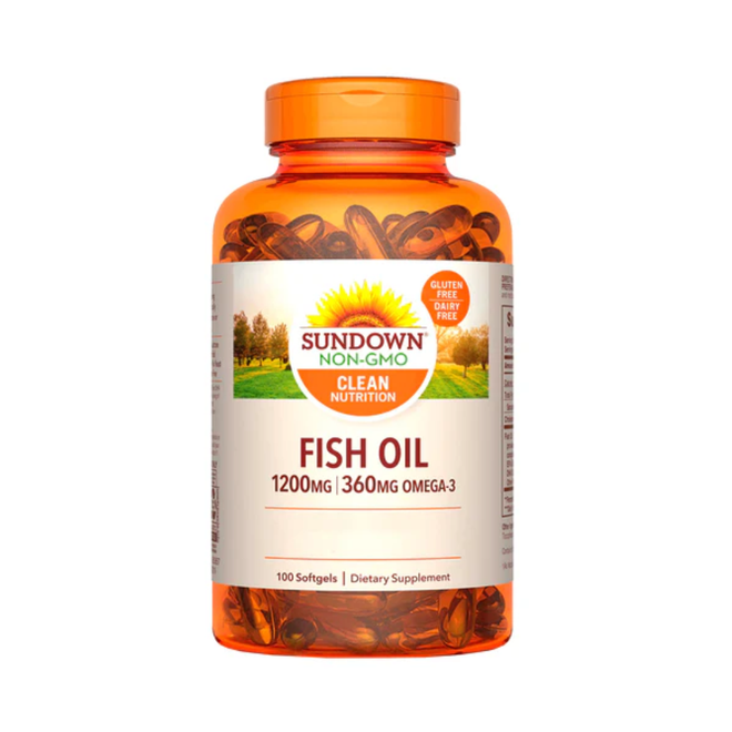 Suplemento de aceite de pescado Omega 3 extra Sundown Naturals, 1200 mg, 200 softgels, en frascos con cápsulas blandas.