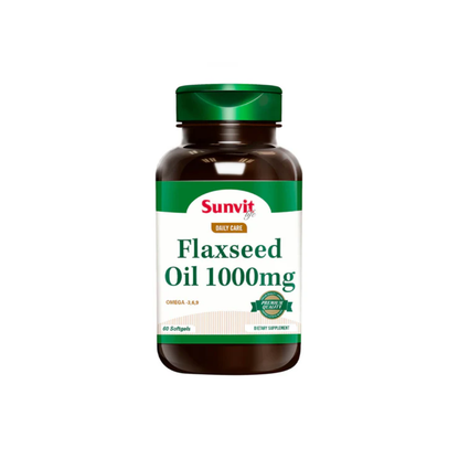 Aceite de linaza Omega 3-6-9 Sunvit Life en cápsulas, muestra la botella con 60 cápsulas de aceite de linaza.