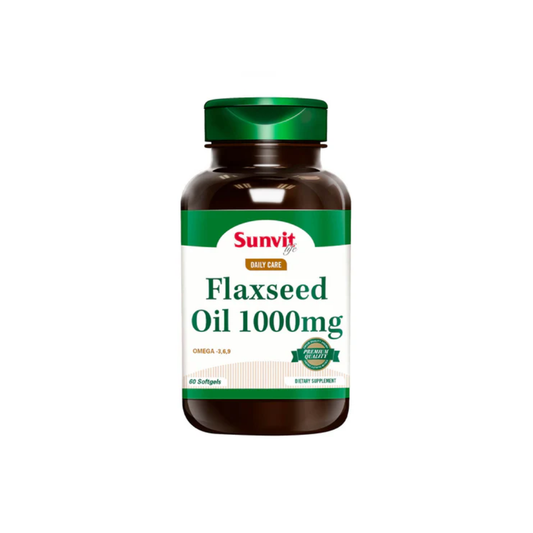 Aceite de linaza Omega 3-6-9 Sunvit Life en cápsulas, muestra la botella con 60 cápsulas de aceite de linaza.