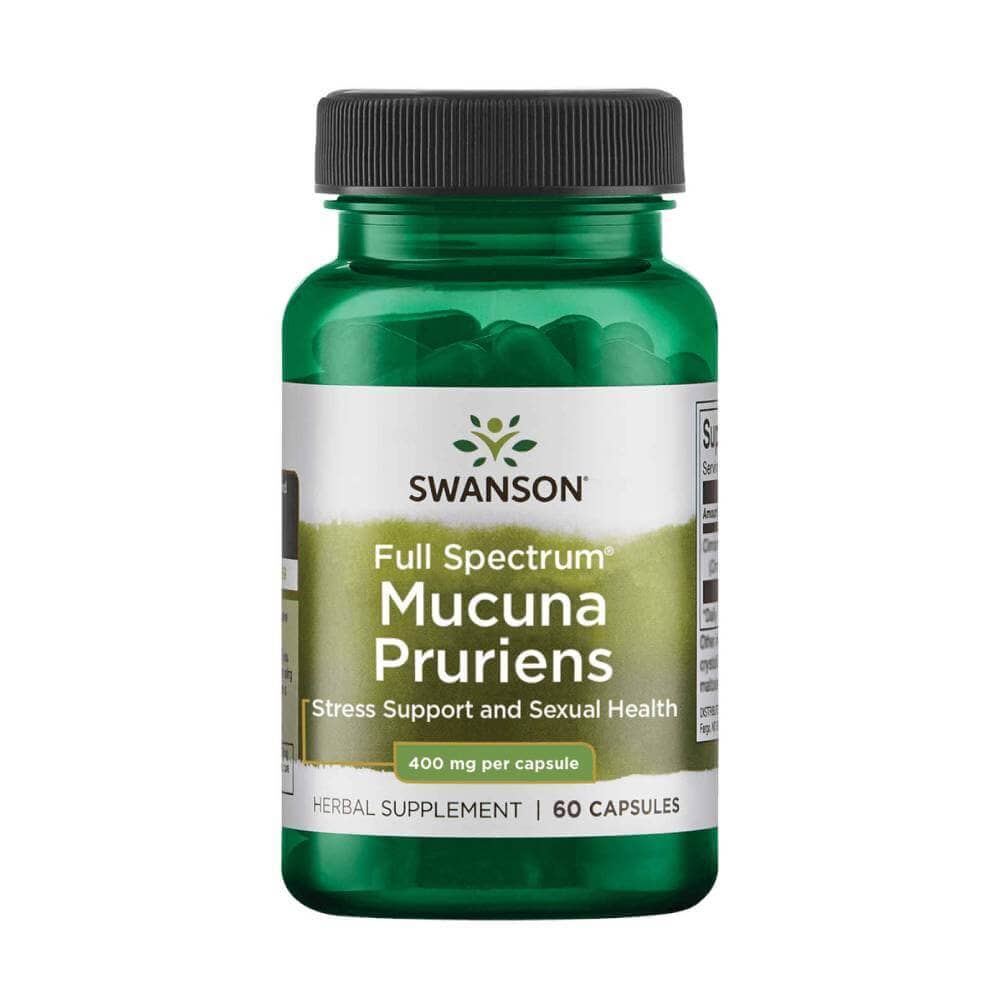 Capsulas de Mucuna Pruriens de espectro completo, 400 mg, de la marca Swanson, suplemento pro-hormonal en envase de 60 cápsulas.