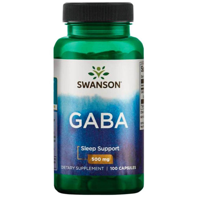 Cajas de 100 cápsulas de Gaba 500 mg de la marca Swanson, suplemento de vitaminas y salud en envase blanco y azul