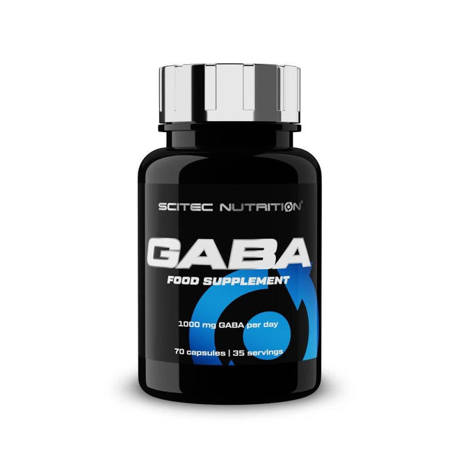 Cajas de 70 cápsulas de Gaba 500 mg de Scitec Nutrition, suplemento de vitaminas y salud en envase blanco con etiqueta.