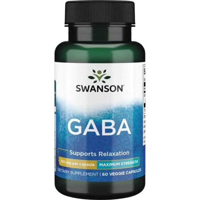 Cápsulas vegetales de Gaba 750 mg de Swanson, suplemento de vitaminas y salud en envase de 60 cápsulas.